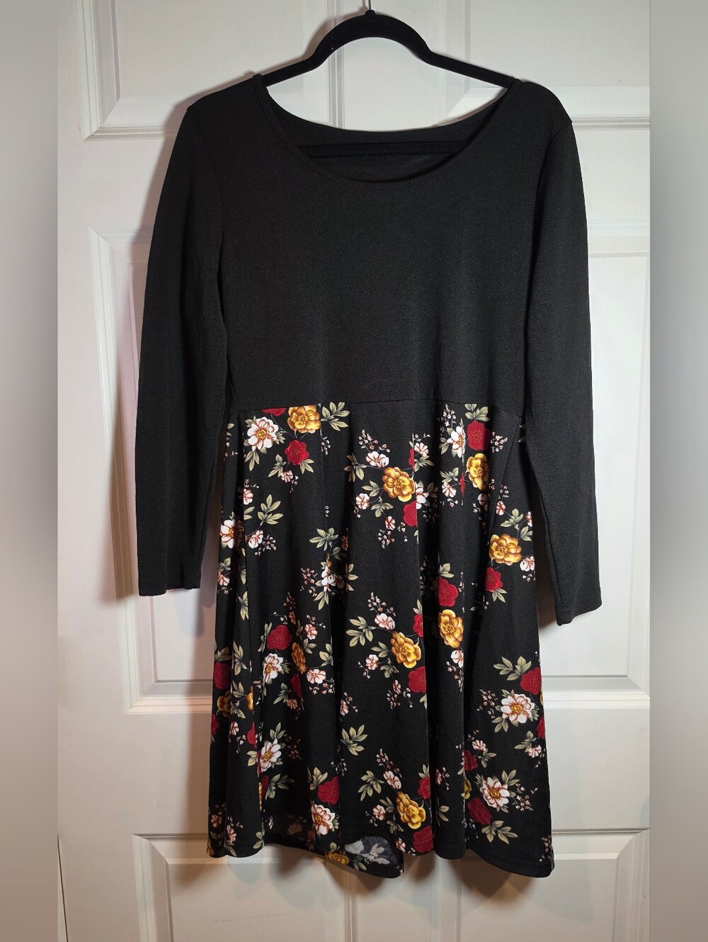 Shein Curve Stretchy Black Floral Long-Sleeve Fit & Flare Dress 1XL